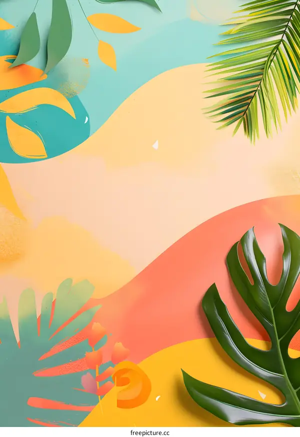 Tropical Leaves on Abstract Colorful Background