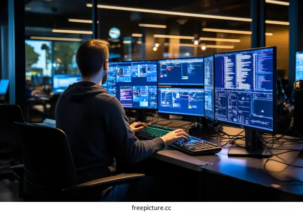 Software developer working on multiple monitors