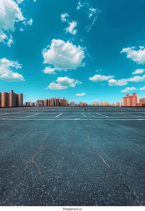 Empty Parking Lot with Blue Sky and Clouds
