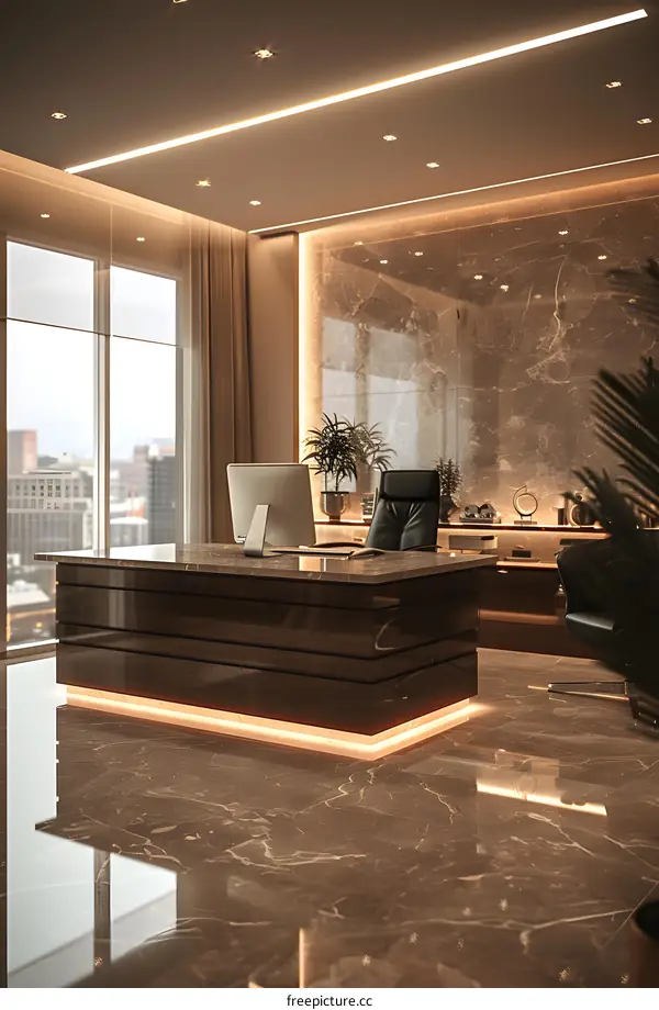 Modern office interior design with marble walls and large windows