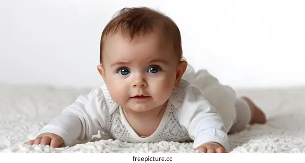 Baby girl with blue eyes lying on her tummy