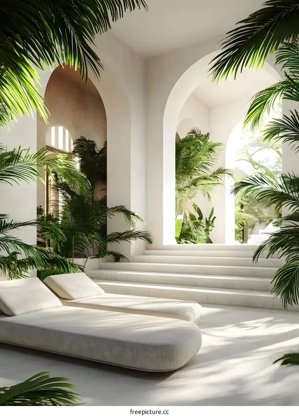 White Minimalist Arches with Palm Trees and Lounge Chairs