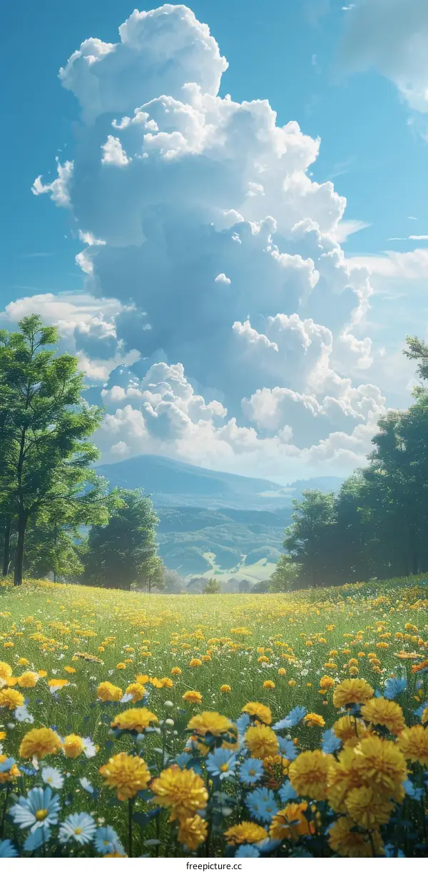 Yellow Flower Field Under a White Cloud