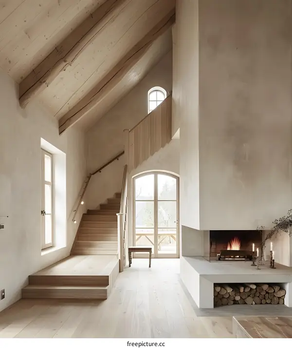 Modern Minimalist Interior Design with Wooden Staircase and Fireplace