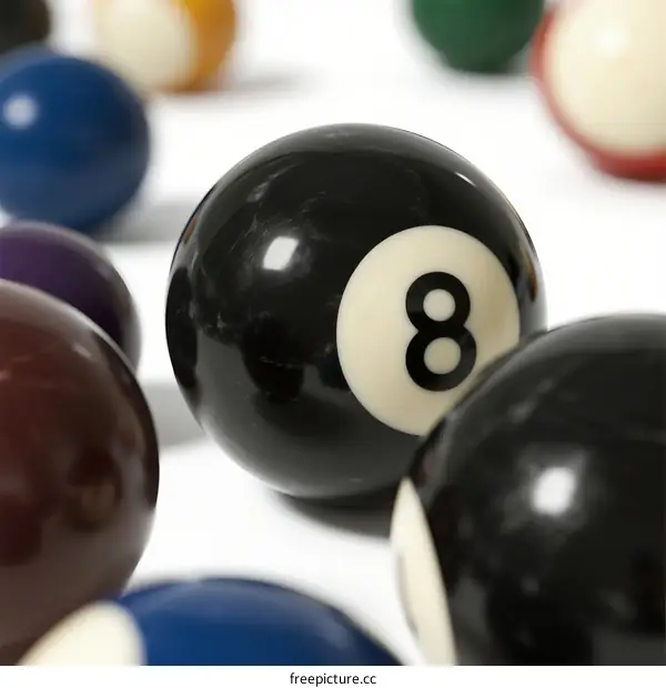 Eight Ball Among Colorful Billiard Balls on White Background
