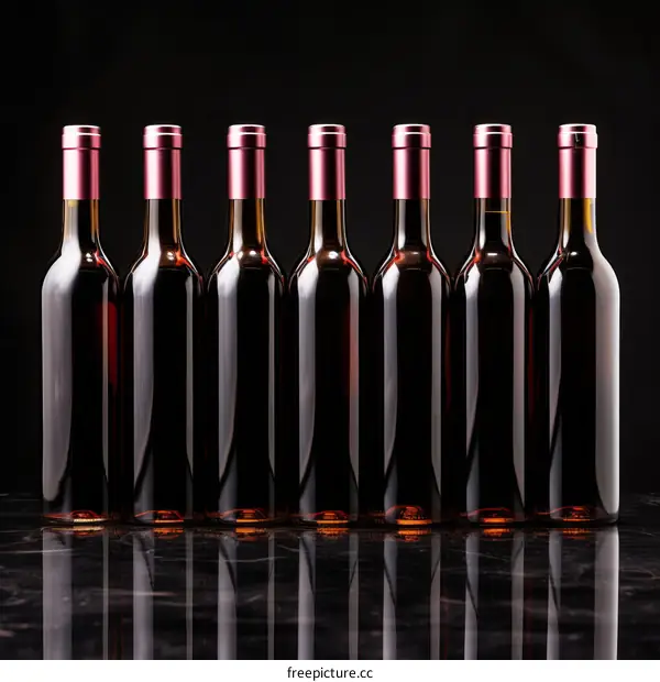 Elegant dark red wine bottles on black marble background