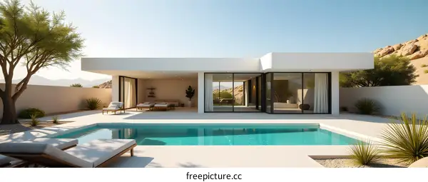 Modern Minimalist Home with Swimming Pool and Desert Landscape