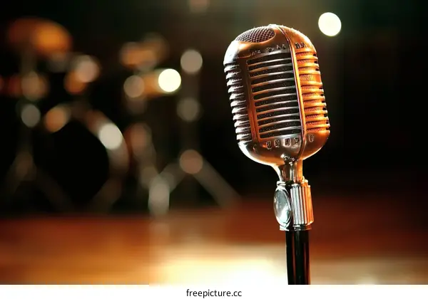 Vintage Microphone in a Dark Stage Setting