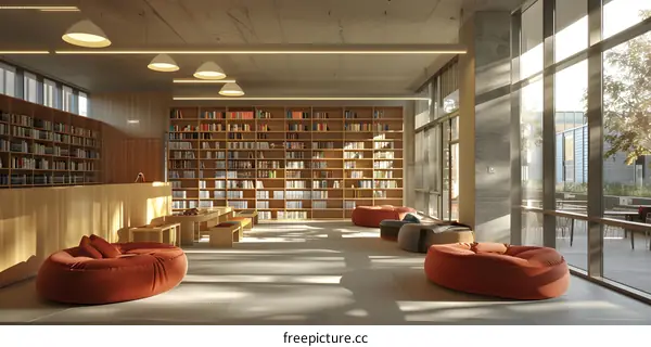 Modern library interior with large bookshelves and orange bean bag chairs