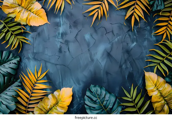 Tropical Leaves Background with Dark Blue Texture