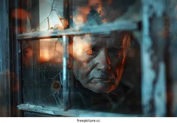 Portrait of an old man looking through a dirty window