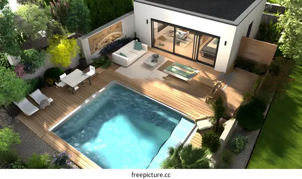 Modern Backyard Swimming Pool Design with Wooden Deck and Lush Greenery