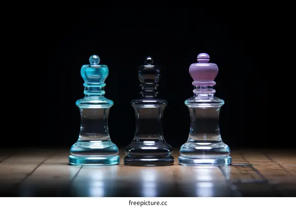 Three glass chess pieces on a wooden table