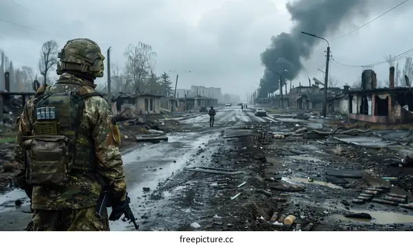 Soldier in war zone with destroyed buildings and smoke in the background
