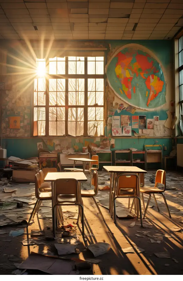 Abandoned Classroom with World Map