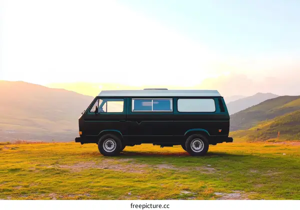 Vintage Campervan on Mountain Meadow at Sunset