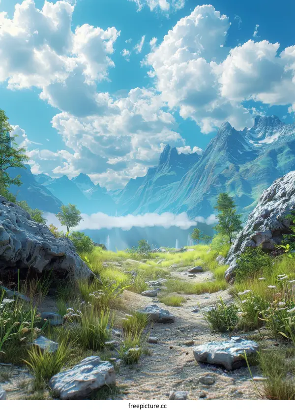 Mountains Panorama with Green Lush Valley and Blue Sky