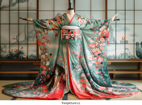 A kimono with a floral pattern and a long train.