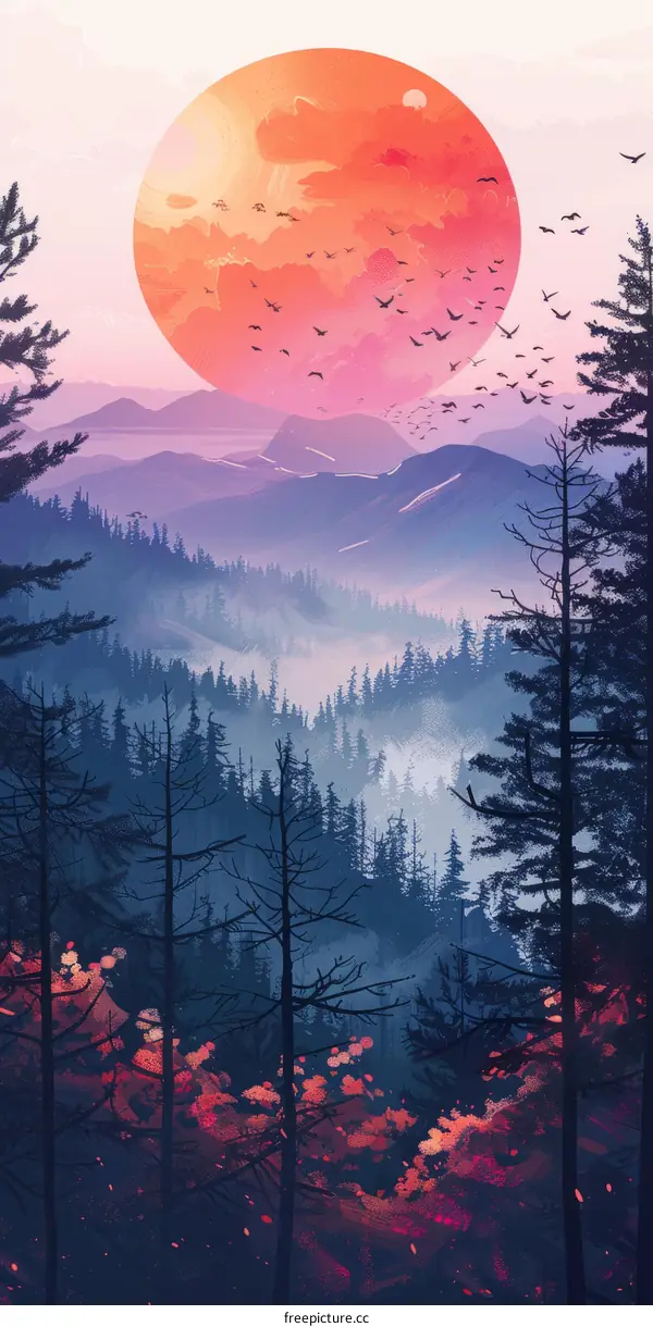 Landscape illustration of a forest with a large red moon in the background