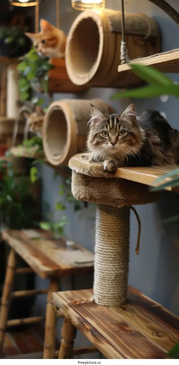 A ginger cat is lying on a cat tree in a cat cafe