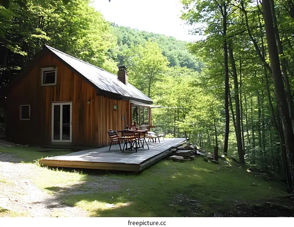 Wooden Cabin with Deck in the Forest
