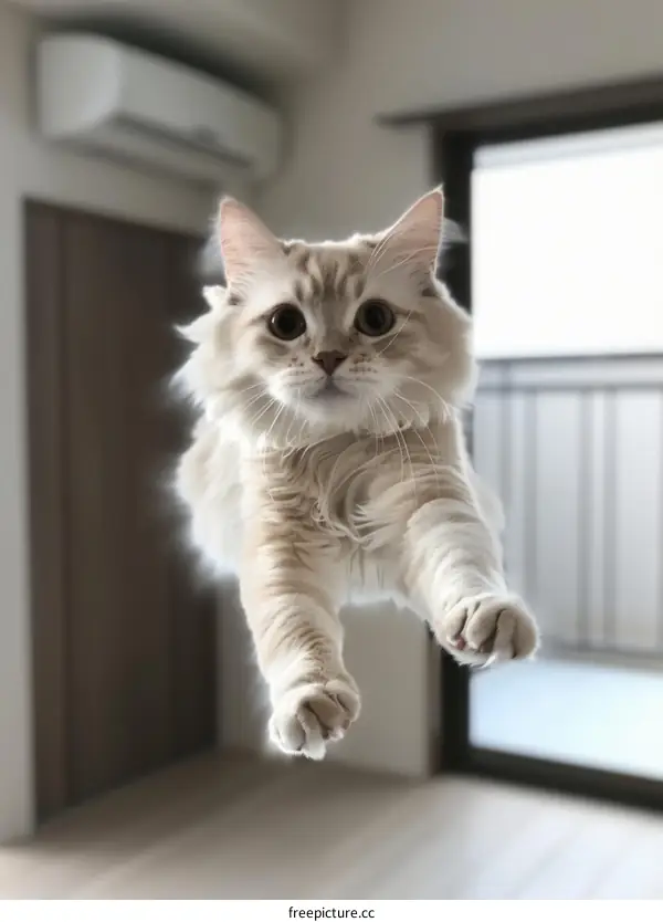 Fluffy White Cat Flying in the Air
