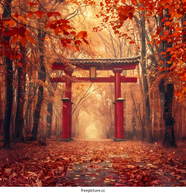 Red Torii Gate in Autumn Forest