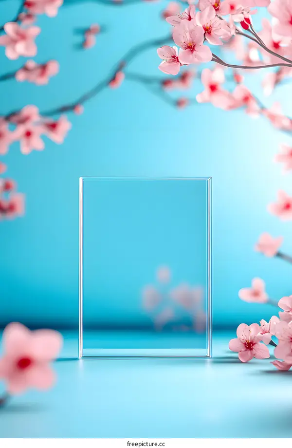 Pink Flowers and Glass Frame Mockup on Blue Background
