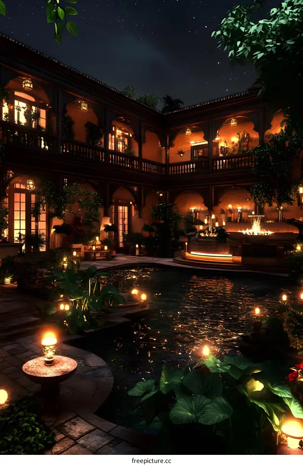 Nighttime Courtyard with Pool and Lights