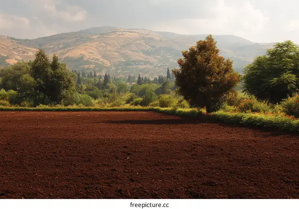 Rural Landscape with Plowed Field and Mountains