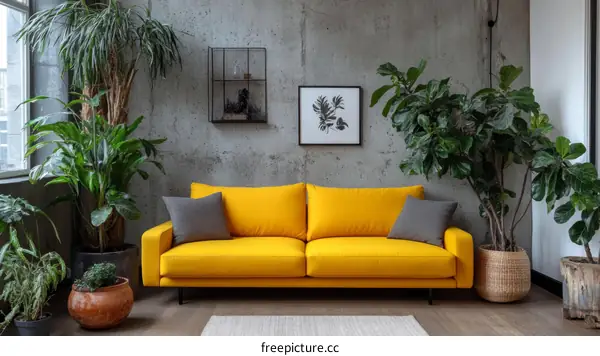 Modern Living Room with Yellow Sofa and Plants