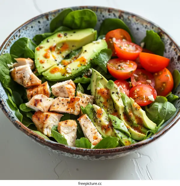Spinach Salad with Grilled Chicken, Avocado, and Tomatoes
