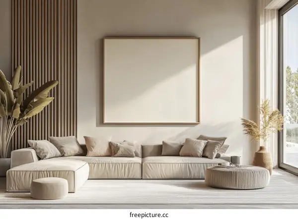 Modern Beige Living Room Mockup with Empty Frame