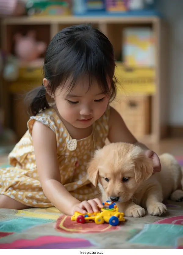 Asian toddler girl playing with a golden retriever puppy