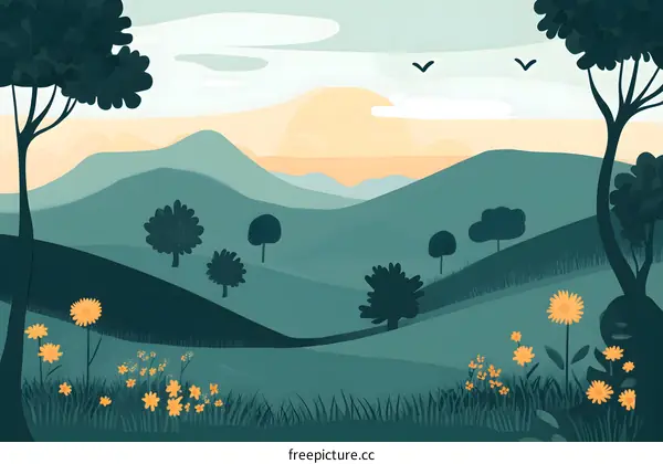 Mountain Landscape with Sunset and Flowers