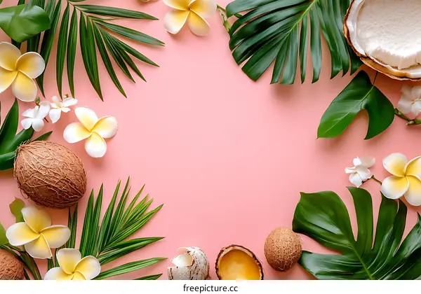 Tropical Summer Background with Coconut and Flowers