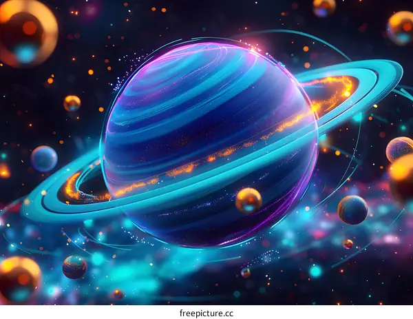 A vibrant digital illustration of a planet with rings