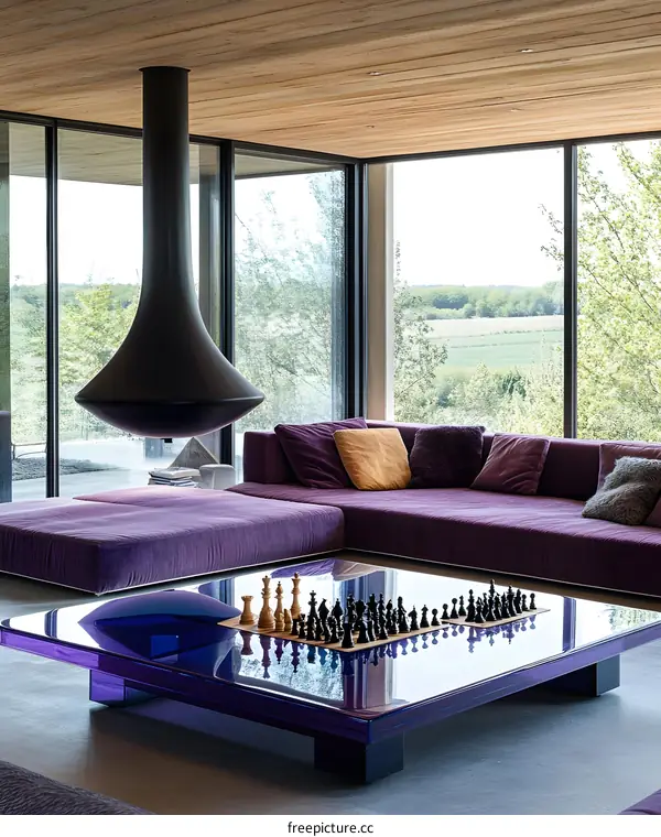 Modern Living Room Interior Design With Purple Sofa And Glass Coffee Table