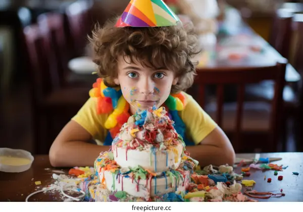 Young boy with a birthday cake on his face