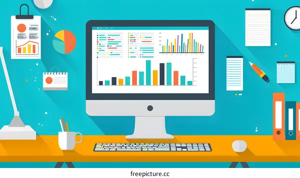 Flat Design Illustration of Business Analytics on a Computer Screen