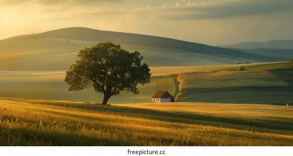 Rural landscape with lonely tree and house in the distance
