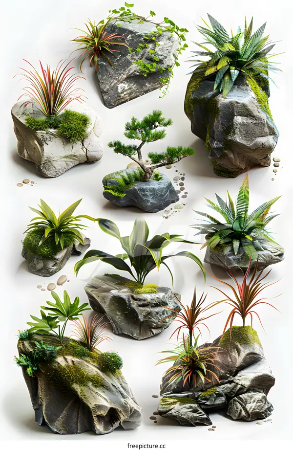 Plants Growing On Rocks Set