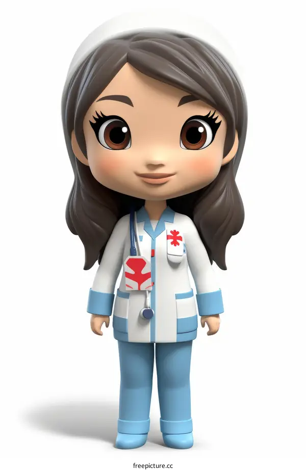 3D illustration of a female doctor or nurse wearing a lab coat and stethoscope