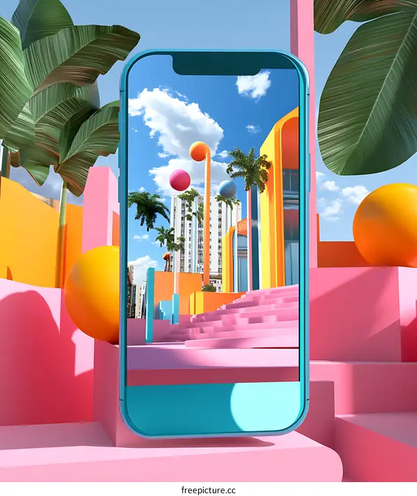 Phone Screen Displaying Colorful Cityscape