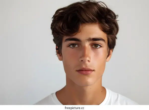 Portrait of a young man with brown hair and freckles
