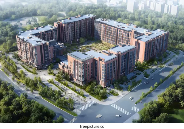 Aerial View of Modern Apartment Buildings Surrounded by Green Trees
