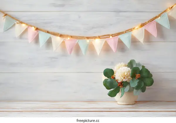 Pastel Colored Triangular Flags Decorated with Lights
