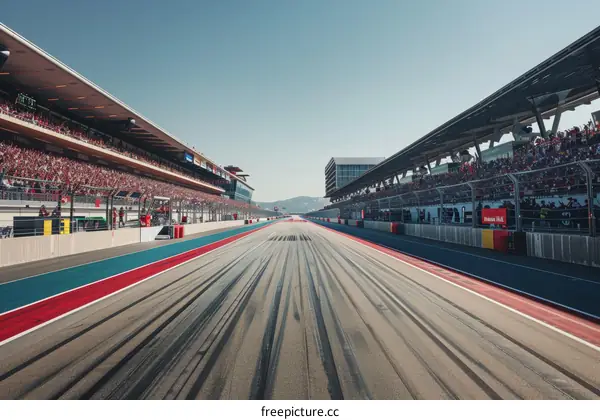 A long and empty racetrack with grandstands on either side