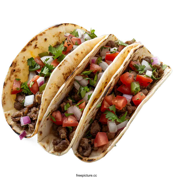 [Transparent Background PNG]Three delicious tacos with ground beef, tomatoes, onions and cilantro