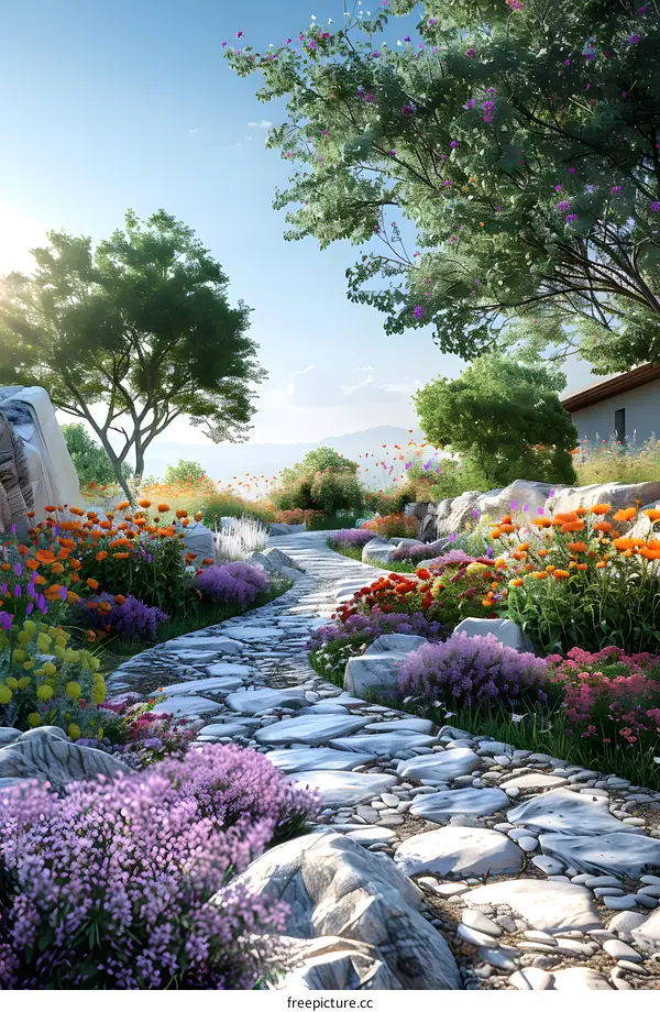 A stone path in a garden full of flowers